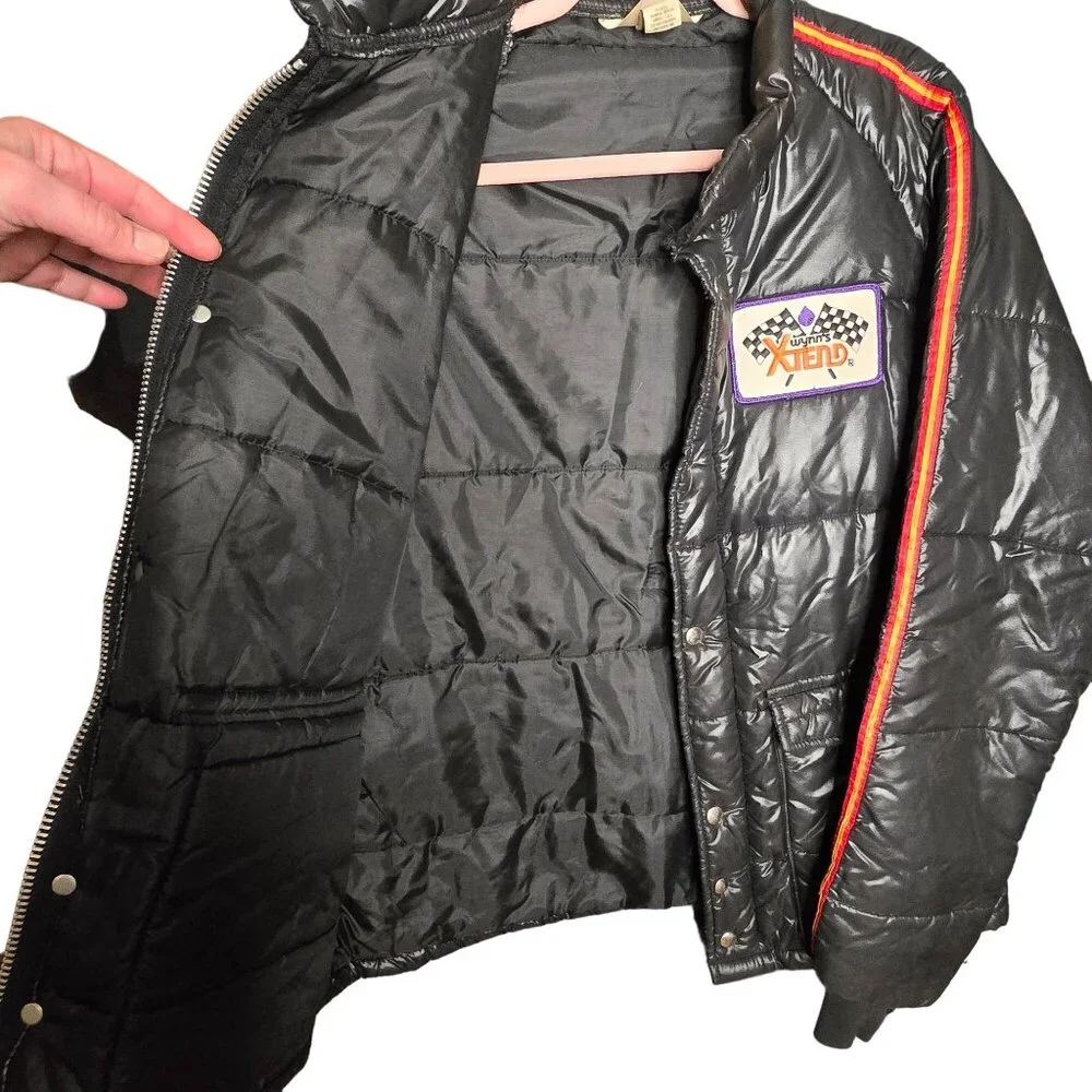 VTG Wynns Xtend Official Racing Puffer Jacket LG Black Snap Zip Closure USA 70s - Picture 13 of 14